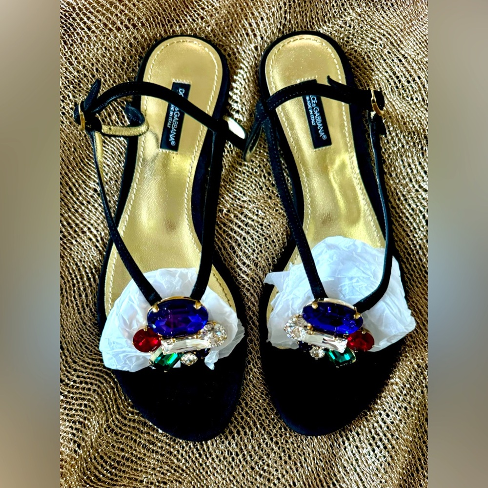 New* Dolce & Gabbana black suede leather, large color crystal  stone sandals